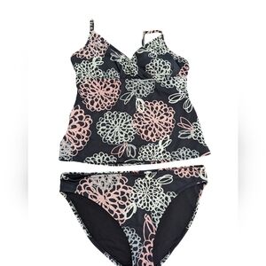 Garnet Hill Black Floral Tankini with Pink and Cream Blooms